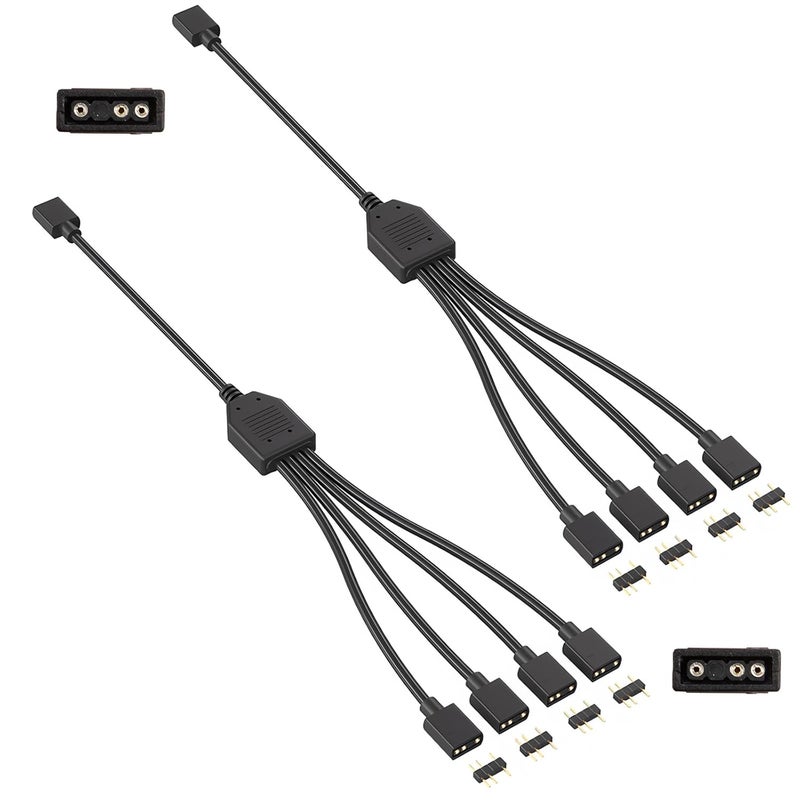 TNJPSEK 2 Pack 3Pin 5V ARGB Extension Cable Set with 8 Male Pins, 1-to-4 Addressable RGB Splitter Cable Female to Female Adapter for PC Case Fans LED Strips CPU Coolers Chassis Lighting System (Black) - Image 1